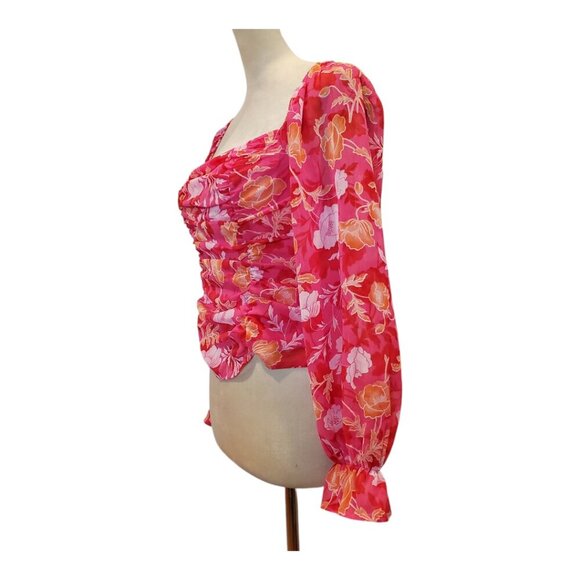 PLEIONE SZ S Pink/Orange Floral Ruched, Smocked Back Spring/Summer Sexy Blouse - Picture 4 of 10